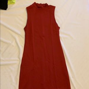 High neck, open shoulder, red work dress